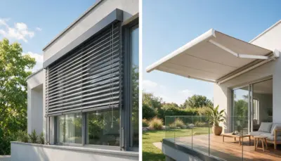 Geteilte Ansicht eines modernen Wohnhauses mit großflächigen Fenstern, geschlossenen Außenjalousien und einer ausfahrbaren Terrassenmarkise. Die Aufnahmen zeigen die graue Fassade, den begrünten Außenbereich, eine Glasbrüstung sowie eine teilweise möblierte Terrasse bei klarem Tageslicht.